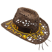 Chapeau de cowboy en paille creuse brun foncé en gros |   Chapeaux de festival Panama personnalisés en bois avec strass jaunes pour femmes et hommes