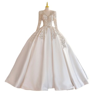 Nuovo Abito da <span class=keywords><strong>Sposa</strong></span> Estivo a Maniche Lunghe con Ricche Applicazioni di Perline, Scollo a V in Raso, Texture Avanzata, Stile Francese - Product Image 5