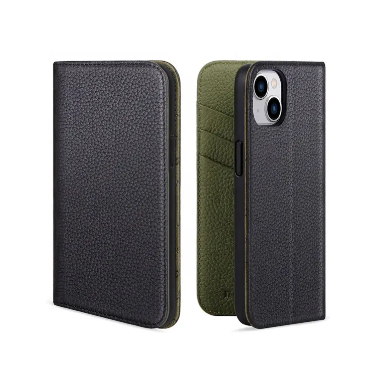 Genuine Leather Case For iPhone 15 6.1''. Contrast Color Leather Cover/Flip/Folio Case With Card Slots & Kickstand- Black-Green