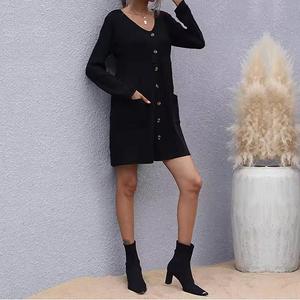 Maßgeschneidertes V-Ausschnitt-Knopfkleid, elegantes, lässiges Midi-Partykleid für den Frühling, langärmliger Herbst-Damenpullover mit Taschen - Product Image 6