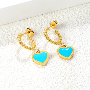 Boucles d'oreilles en forme de cœur, en alliage de zinc et acier inoxydable, émail bleu doré, pour femmes, cadeau, bijoux à la mode - Product Image 1