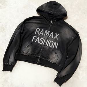 Fabricant OEM de vêtements : Sweat à capuche zippé pour homme, style streetwear, en molleton bouclette, délavé soleil, délavé à l'acide, avec rivets et strass, grammage lourd, personnalisable - Product Image 1