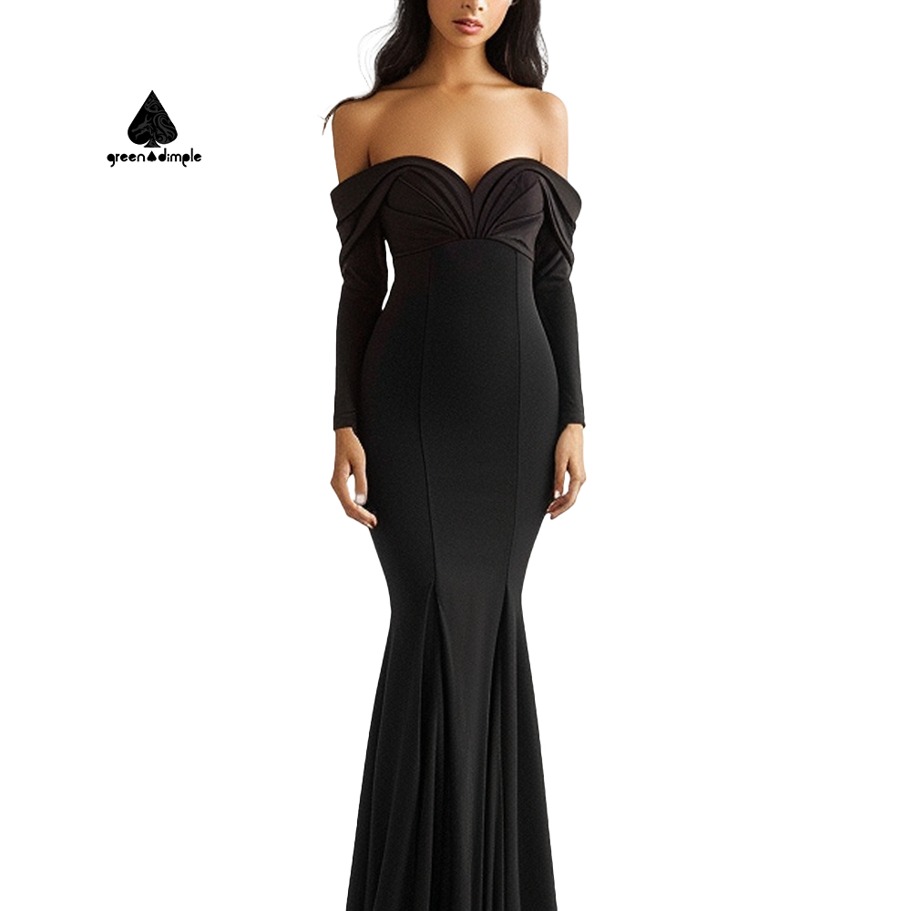 Elegant Women's off Shoulder Black Dress - Maxi Mermaid Hem