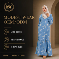 Robe longue personnalisée pour femmes musulmanes, bleu, broderie florale, manches à volants, robe hijab, OEM ODM