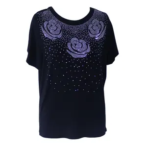 Junyuan Women's Plus Size O-Neck T-Shirt Fashion Casual Cotton Style with Hot Fix Rhinestones Flower Print Butterfly Sleeves