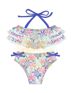 Zomer Custom Baby Boutique Badmode Kinderprint Strandkleding Peuter Meisjes Kanten Ruche Halternek Badpak Kids Bikini Badpak