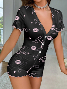 <span class=keywords><strong>Pyjama</strong></span> une pièce Sweet Love à imprimé lèvres, <span class=keywords><strong>pyjama</strong></span> boutonné à manches courtes et col en V pour <span class=keywords><strong>femme</strong></span>, <span class=keywords><strong>pyjama</strong></span> romantique - Product Image 2