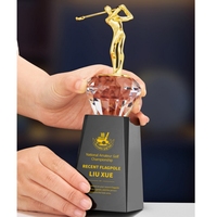 Adl New Design Golf Crystal Glass Acrylic Awards Trophy Awards with Clear Diamond Metal Black Crystal Glass Base