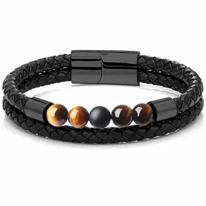 2022 Natural Stone Woven Leather And Stainless Steel Stitching Men Bracelets