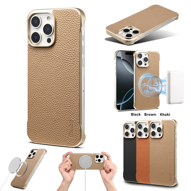Denior Luxury Business Litchi Grain Genuine Leather Magnetic Wireless Charging Phone Case, Compatible with Apple 16/15/14Series