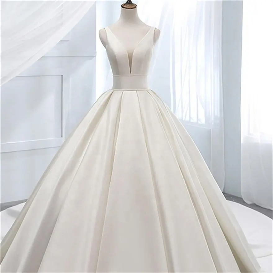Custom Made V-Neck Sleeveless Ball Gown Wedding Dress Simple Satin Bridal Gown With Tail
