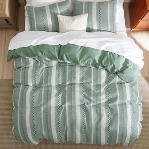 100% Cotton Waffle Weave 3 - Piece Duvet Cover Set <strong>Green</strong> and White <strong>Stripes</strong> Durable Textured Cozy for Bedroom Modern Chic <strong>Bedding</strong> - Product Image 4