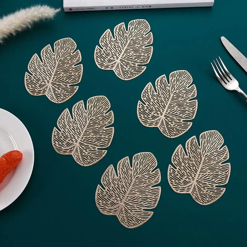 Alas makan PVC daun pisang: tatakan tanaman dekorasi, tatakan meja simulasi berlubang untuk ruang makan dan cangkir