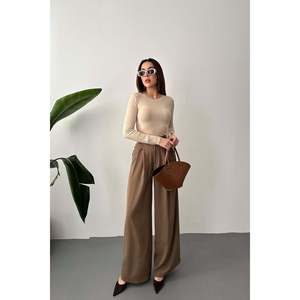 Pantalones Cargo Plisados Mocca para Mujer, al por Mayor, Cómodos, con Cintura Elástica, Pierna Ancha, Casuales, de Lona, con Patrón Brillante Formal - Product Image 5