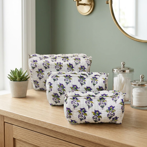 quilted cosmetic <b>bag</b>, block print <b>makeup</b> pouch, Indian quilted cosmetic pouch, travel toiletry <b>bag</b>, <b>makeup</b> <b>bag</b> set of 3, purple - Product Image 1