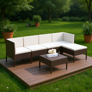 Ensemble salon de jardin en osier moderne 6 places, mobilier d'extérieur blanc crème et marron, résistant aux intempéries, design contemporain - Product Image 2