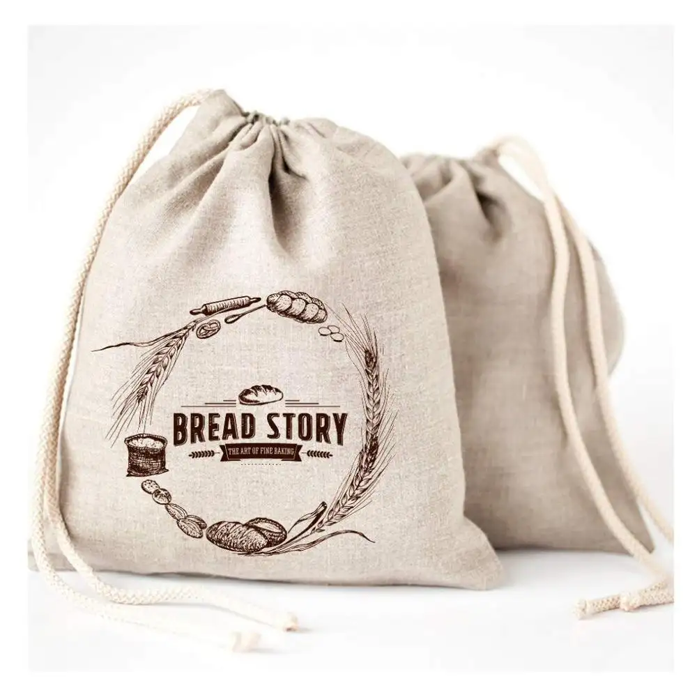 B097 Kantung Makanan Roti Penyimpanan Linen Kustom Alami untuk Grovcy Dicetak Kantung Roti Linen Katun Organik Tali Serut Pemasok Tas Roti