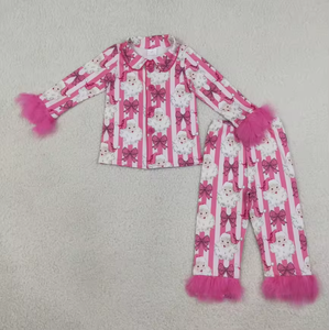 Hot Selling Girls Valentine Pajama Set Red Gingham Heart Print Feather Cuff Long Sleeve Kids Sleepwear - Product Image 4