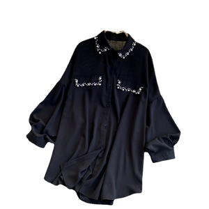 Camisa de Mujer Personalizada Negra de Manga Larga con Botones y Cuentas |   Blusa Holgada de Gasa Lisa con Cuello Vuelto |   Vida Diaria de Verano - Product Image 2