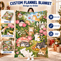 Selimut Custom Motif Kebun Kucing Lucu Premium, Selimut Fleece Bermotif Bunga Warna-warni untuk Dekorasi Kamar Tidur dan Ruang Tamu yang Nyaman