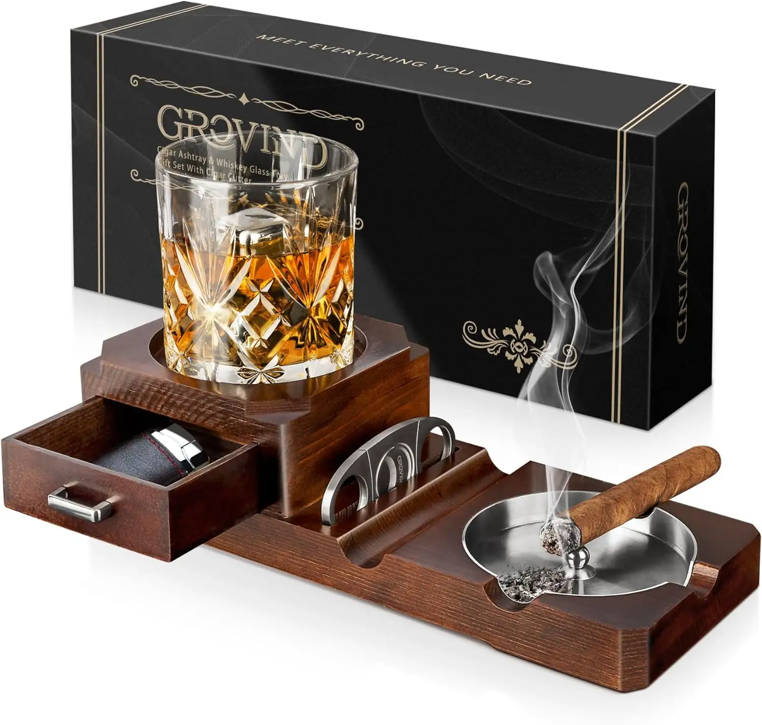 Zigarren-Aschenbecher-Geschenkset mit Zigarren schneider und Whisky-Glass chale und Aschenbecher aus Holz im Freien
