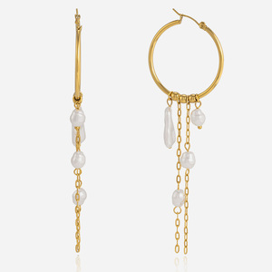 Pearl Tassel Hoop Earrings 18K Gold Stainless Steel Everyday Wear - Product Image 1