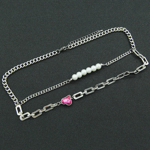 Collar de cadena cubana de doble capa con perlas y diamantes de imitación, cadena de cuello de acero de titanio neutra, dulce y moderna. Tanjing - Product Image 3