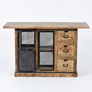 Armoire de cuisine rustique en bois massif avec portes et tiroirs en treillis métallique, unité de rangement moderne multifonctionnelle, écologique et durable - Product Image 1