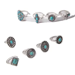 Personalidade Cactus Girassol Flor Anel Moda Combinação 10 Peças Joint Ring Turquesa Finger Ring Set Para As Mulheres