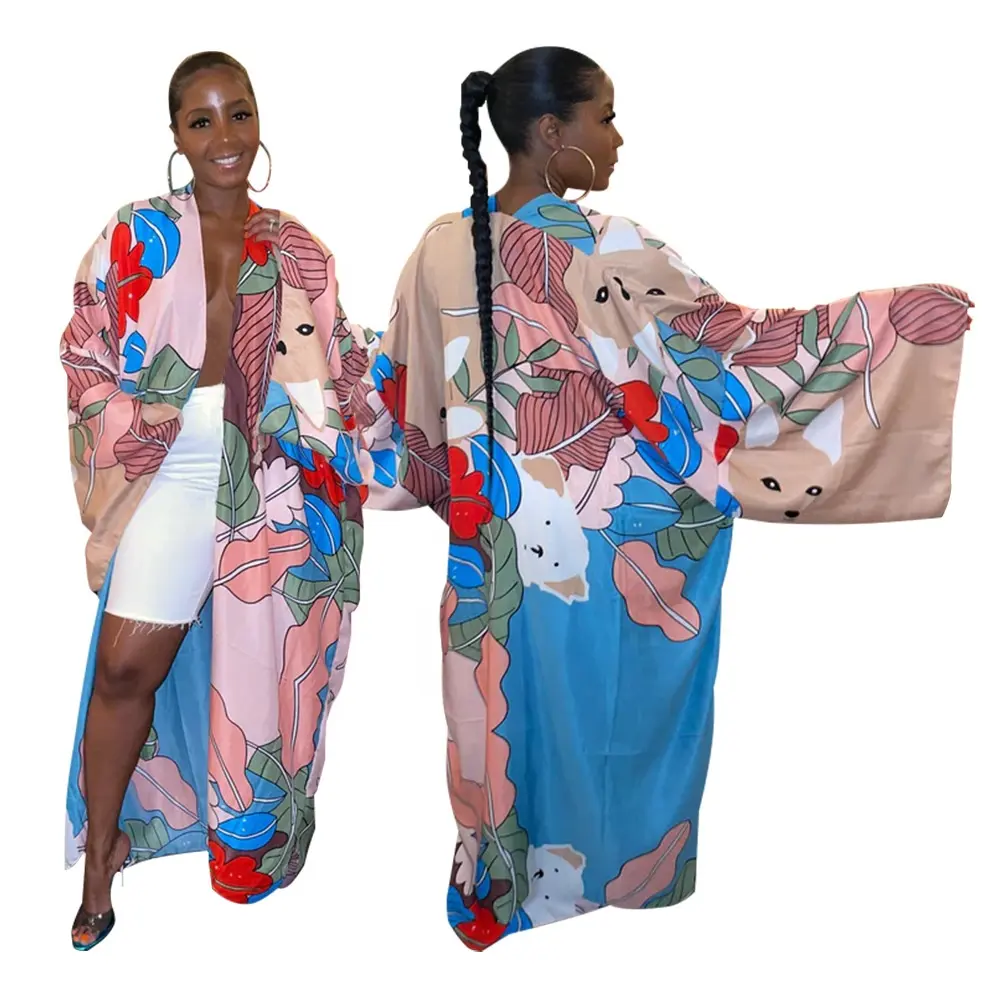 OUDINA Kimono kardigan wanita, baju Kimono gaya panas motif sutra panjang longgar