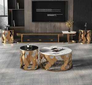 Mesa de centro redonda de lujo para sala de estar, mueble de acero inoxidable, mesa lateral de vidrio y mármol