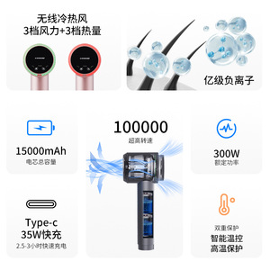Wireless Hair Dryer 100000rpm 300W Negative Ion Type-C Fast Charge Portable Travel Use - Product Image 1