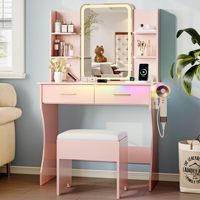 Bureau de maquillage rose intelligent avec éclairage LED RVB et station de charge intégrée, table à maquillage à 2 tiroirs avec support pour sèche-cheveux.