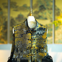 Vêtement féminin original de style chinois, col montant, simple boutonnage, en soie de mûrier et brocart Song, grande taille, gilet asymétrique 5087