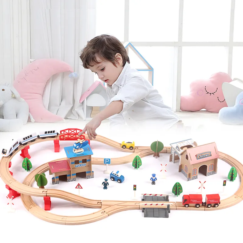 2023 hot-selling 88pcs tabletop game urban traffic train EMU building children's wooden model set train slot toys
