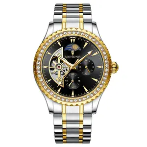 Relógio de pulso mecânico H8166 Tourbillon para homens, relógio de pulso automático de esqueleto, luxuoso, luxuoso, com estampa de ouro vintage, fase da lua, 2019