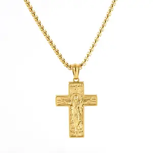 Water Proof Gold Plated 316L Stainless Steel Jesus Mother Virgin Mary Cross Pendant Necklace for Men