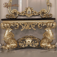Table de contrôle de style rococo royal français pour salon de villa de luxe avec miroir, en bois massif, bord décoratif en feuille d'or