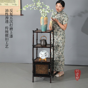 Bamboo Display Shelf Square Solid Wood Tea Cabinet With Storage Drawer For Chinese Style Home Decor - Product Image 4