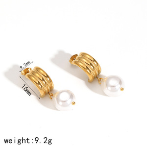 Pearl Huggie Earrings <b>Titanium</b> Steel <b>Studs</b> For Women Everyday Wear Geometric Design TE60048 G S - Product Image 3