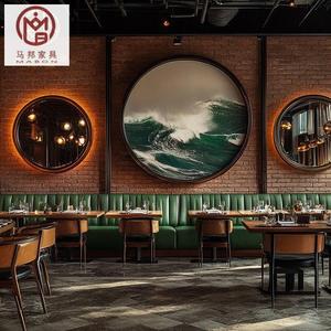 Retro Vintage persegi hijau kayu kulit Sofa Booth set tempat duduk komersial restoran furnitur untuk Hotel dan toko kopi - Product Image 3