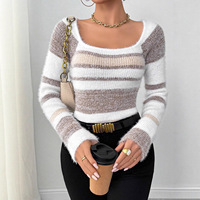 Suéter Casual de Estilo Europeo Americano para Mujer, Otoño Invierno, Tejido Suave, Cuello Cuadrado, Diseño a Rayas, Colores Contrastantes