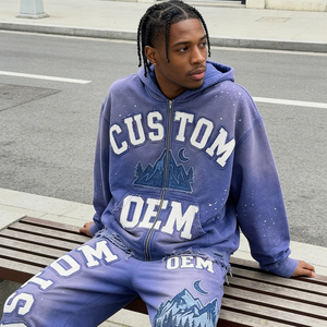 Boxy Applique Embroidery Vintage Distressed Worn Out OEM Custom Print 400 GSM Heavyweight Oversized Men's Hoodie Two-piece Set - Product Image 2