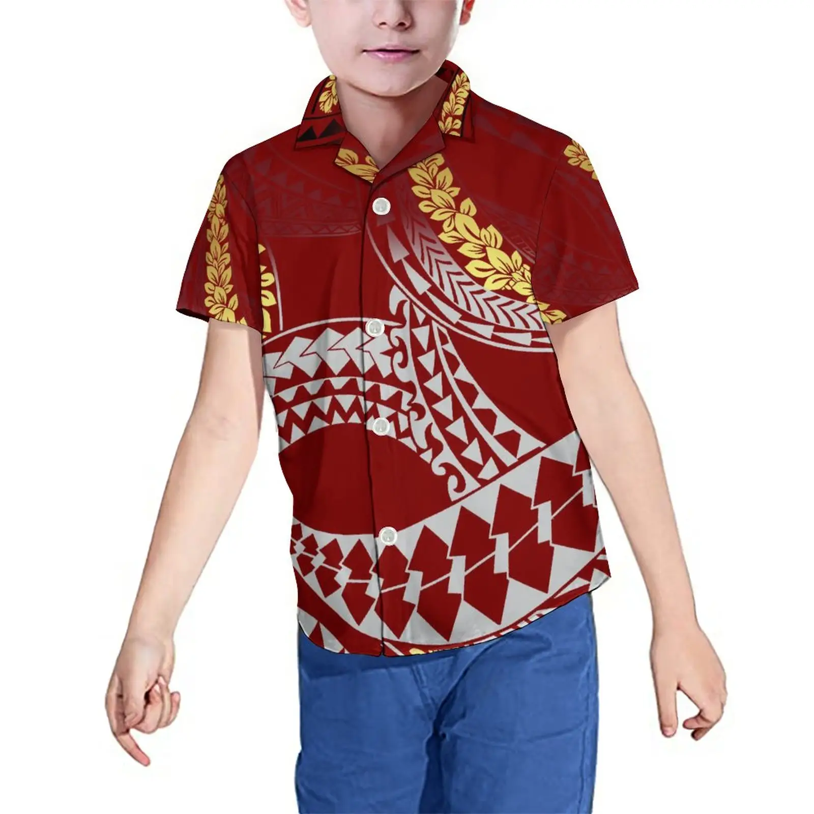Nieuwe Topkwaliteit Kledingfabrikant Casual Baby Jongens Blouse Rode Polynesiaanse Samoa Tribal Print Korte Mouw Kid 'S Shirt Custom