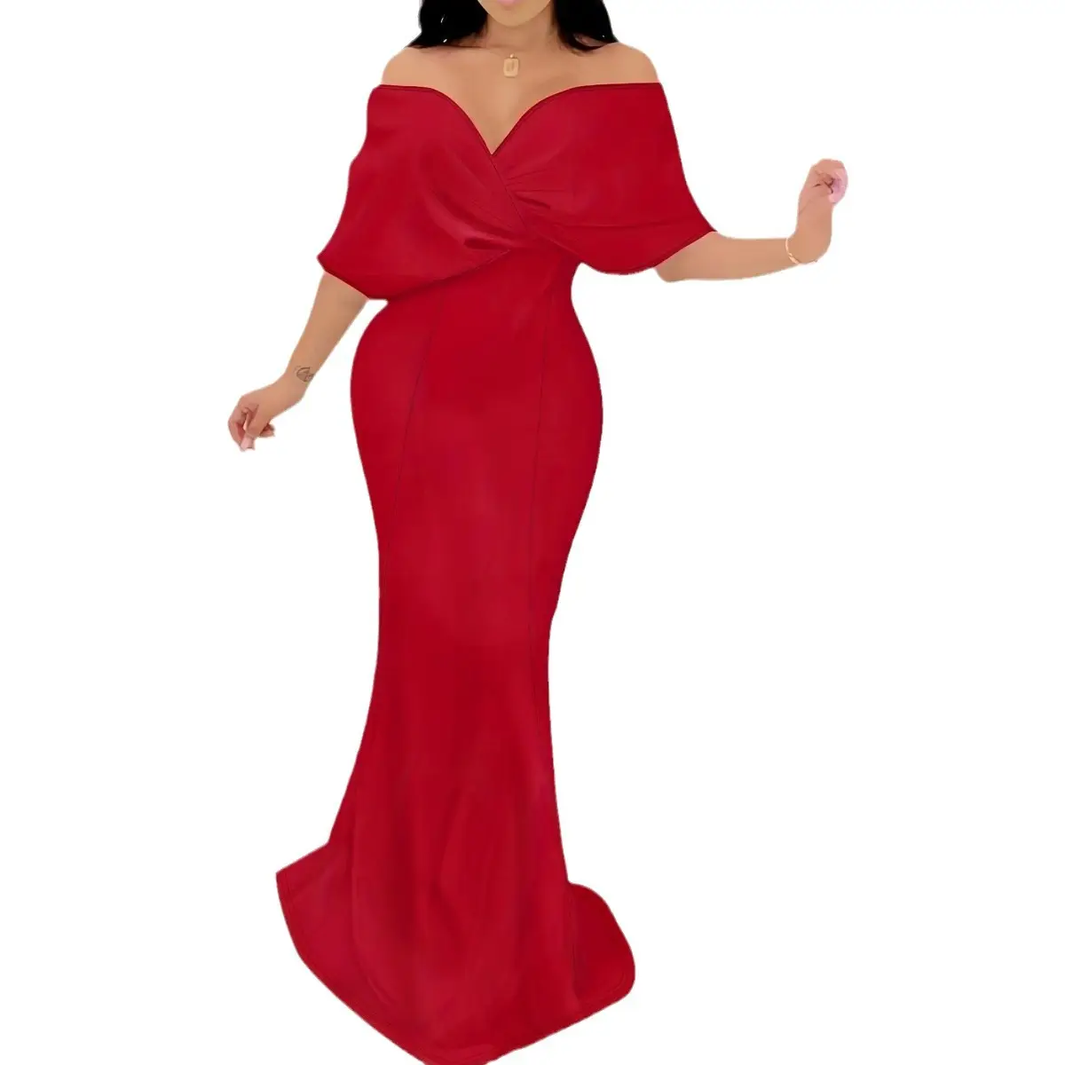 Красное Длинное Элегантное женское вечернее платье с коротким рукавом и поясом