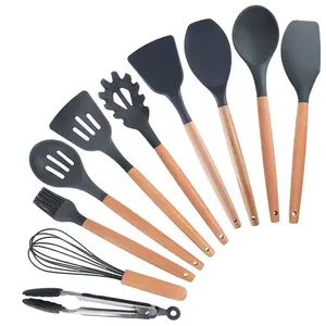 Ensemble de spatules résistantes à la chaleur Ensemble d'ustensiles de cuisine antiadhésifs Ustensiles de cuisine en silicone avec poignées et support en bois