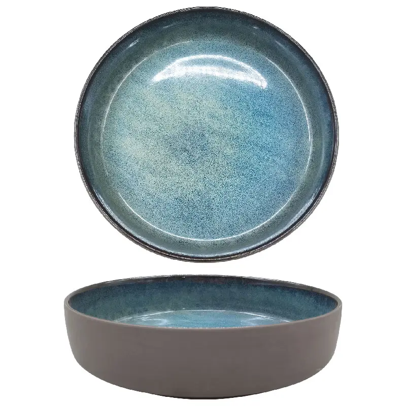 Juego de vajilla de cerámica esmaltada azul redondo al por mayor juegos de vajilla de diseño retro característica sostenible