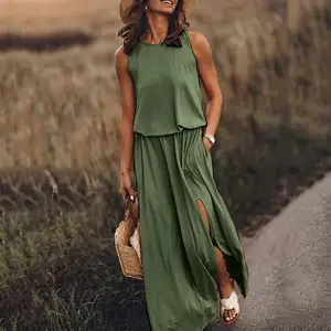Casual round Necked Sleeveless Dress with Slit Multi-Color Solid Long Skirt for Women