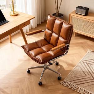 Chaise de bureau rétro en cuir véritable, réglable en hauteur, pivotante, pour bureau à domicile, salle d'étude - Product Image 4