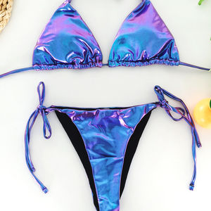 Nouveau Maillot de Bain Bikini Brillant Uni Sexy pour Femme 2025, Ensemble Deux Pièces à Col Halter avec Perles pour la Plage et la Natation - Product Image 1